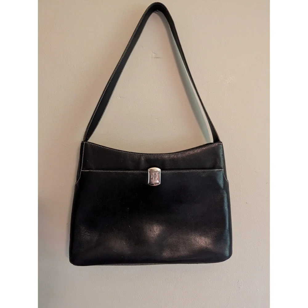 Lauren Ralph Lauren Vintage Y2K Black Leather Shoulder Bag White Stitching RL